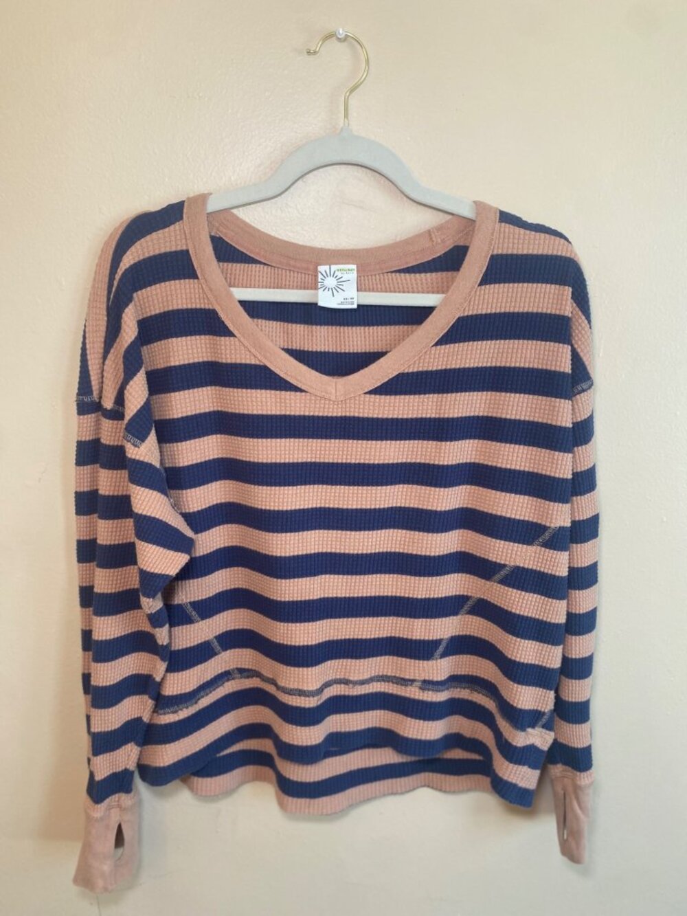 OFFLINE by Aerie Waffle Knit Striped Thumbhole Top XS blush pink/cream & Navy